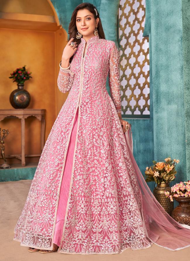 Net Pink Wedding Wear Sequins Work Anarkali Suit